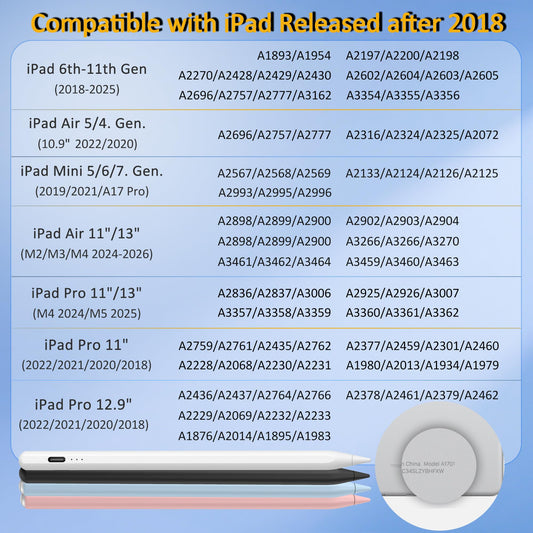 Stylus Pen for iPad 2026-2018, 15 Mins Fast Charge Pencil for iPad A16 11th/10th/9-6th Generation, Air M4 M3 M2 11"/13"/5-3rd, Pro M4 11/12.9/13, Mini A17 Pro/6/5th, Tilt Sensitivity Palm Rejection